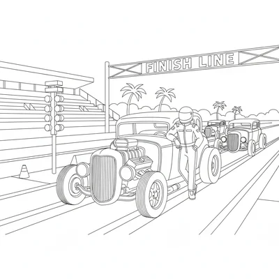 A hot rod at a drag strip line-up, engine hood open showing the engine coloring page