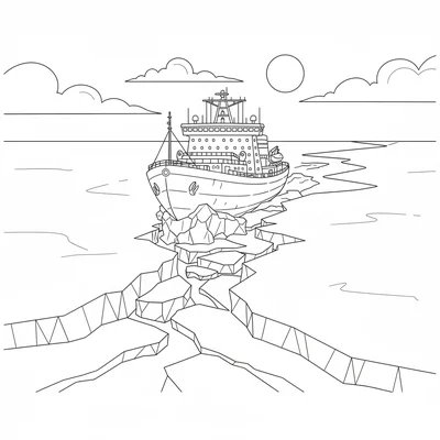 An ice breaker ship pushing through arctic pack ice, the bow riding up coloring page