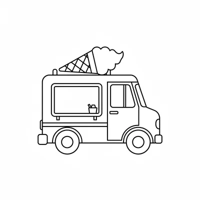 A simple ice cream truck with a van body, a rounded roof with a large coloring page