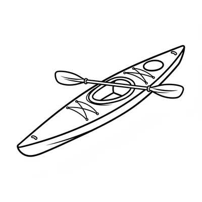 A simple kayak with a long slim hull, a closed top deck with a round cockpit coloring page