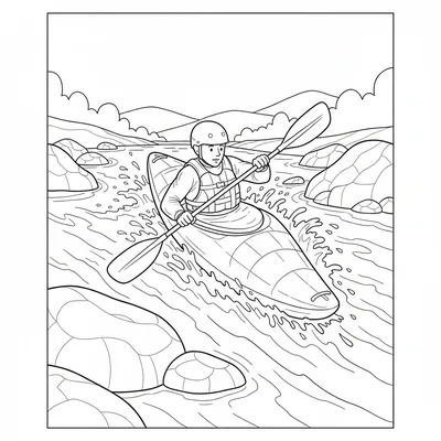 A kayaker shooting rapids, the kayak at a steep forward angle, water churning coloring page