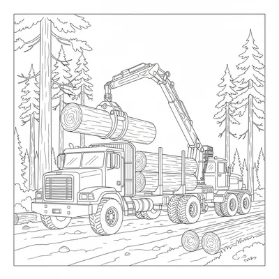 A log truck at a forest loading site, the crane arm lifting a large log onto coloring page