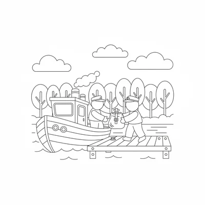 A mail boat delivering to a remote dock, the small boat pulling alongside coloring page
