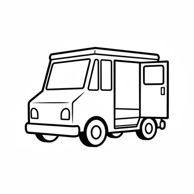 A simple mail truck with a boxy body, a large open right-side doorway, 4 coloring page