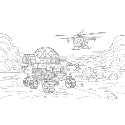 A Mars surface exploration scene with a large wheeled coloring page