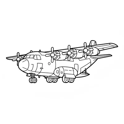 A simple military cargo plane with a large boxy fuselage, high wings, 4 coloring page