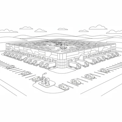 A modern logistics center exterior with 30 loading bays in a row, delivery coloring page
