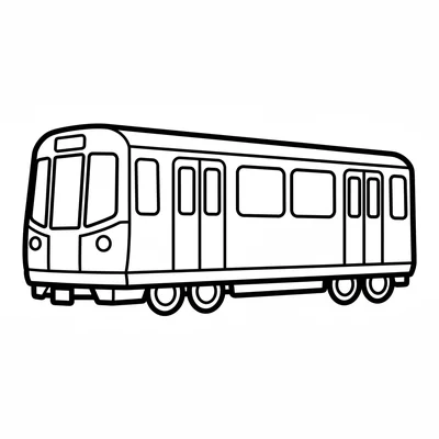 A simple modern subway train car with a long rectangular body, a rounded nose coloring page