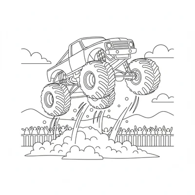 A monster truck jumping over a dirt mound, all 4 giant tires airborne coloring page