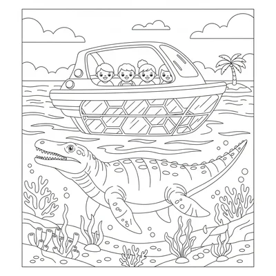 A Mosasaurus as a glass-bottom boat attraction, tourists sh… coloring page