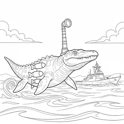 A Mosasaurus fitted with torpedo tubes along its sides, swi… coloring page
