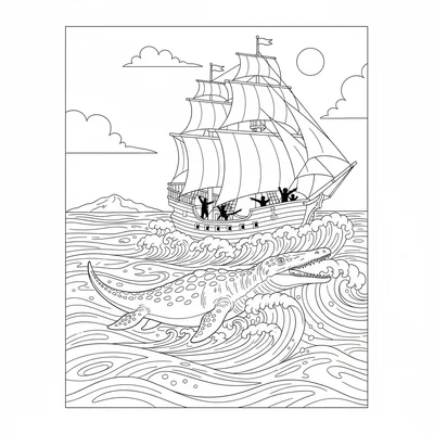 A Mosasaurus racing alongside a large sailing ship, matchin… coloring page