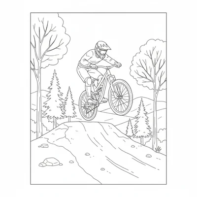 A mountain bike in the air after a jump on a dirt trail, wheels off the ground coloring page