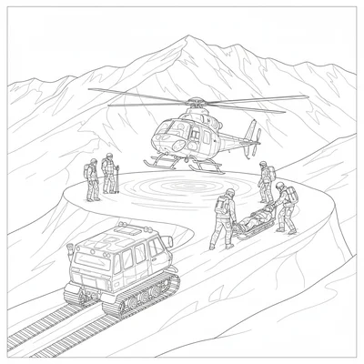 A mountain rescue scene with a helicopter landing on a small alpine plateau coloring page