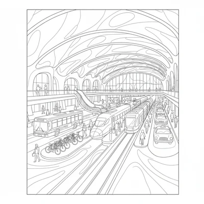 A multi-modal transport hub, a building where train, bus coloring page