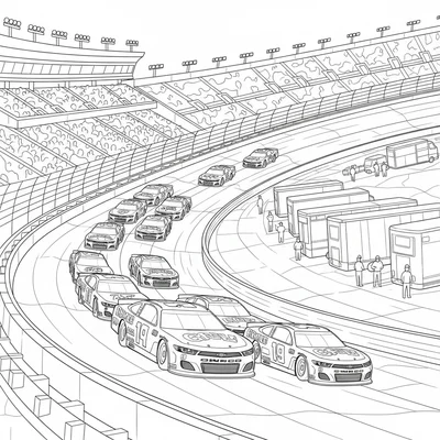A NASCAR race during a caution period with the pace car leading a pack of race coloring page