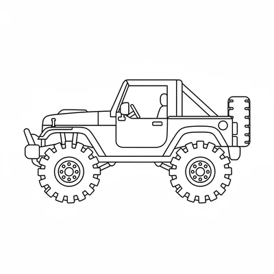 A simple off-road jeep with a boxy open top, chunky 4 large mud tires, a flat coloring page