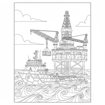 An oil rig supply vessel approaching an offshore platform coloring page