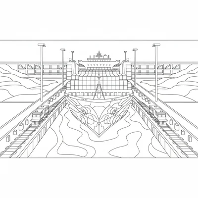 A Panama Canal lock scene with an enormous container ship being guided through coloring page