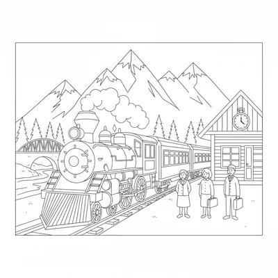 A passenger train arriving at a mountain station, the locomotive visible as it coloring page