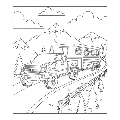 A pickup truck pulling a horse trailer up a winding mountain road, the trailer coloring page