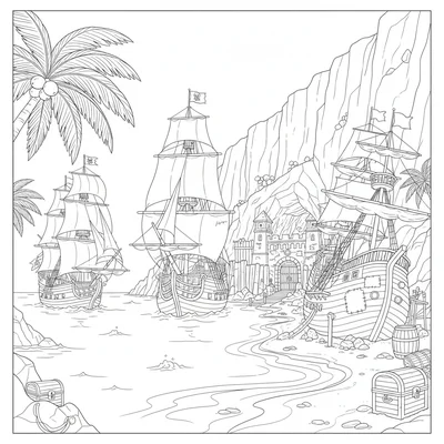 A pirate cove with 3 pirate ships in various states, one coloring page