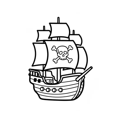 A simple pirate ship with 3 masts, large rectangular sails, a skull coloring page