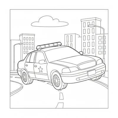 A police car in a sharp U-turn, tires visible at an angle, lights flashing coloring page