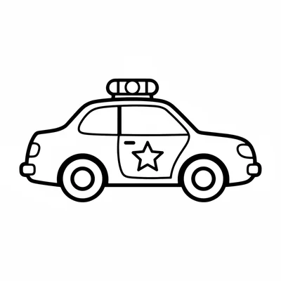 A simple police car with a low streamlined body, a light bar on the roof shown coloring page