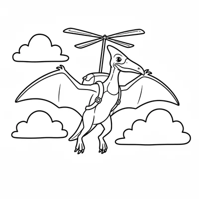 A Pteranodon carrying a simple helicopter rotor on its back like a backpack, fl… coloring page