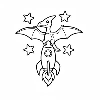 A Pteranodon holding onto the top of a simple rocket ship, wings spread wide, a… coloring page