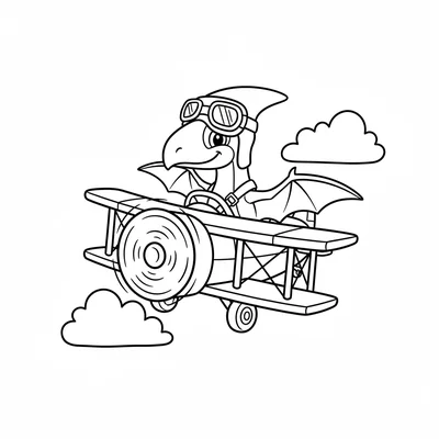 A Pteranodon strapped into an open biplane cockpit, goggles on its head, propel… coloring page
