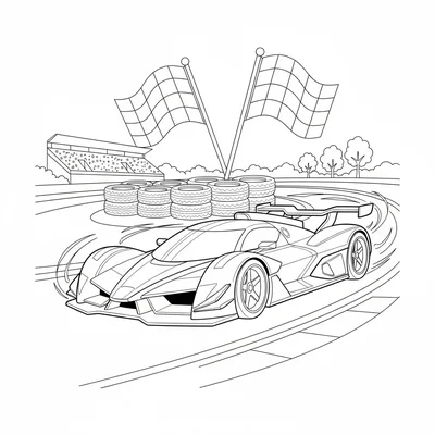 A race car on a banked corner of a track, 2 flags visible on flag poles coloring page
