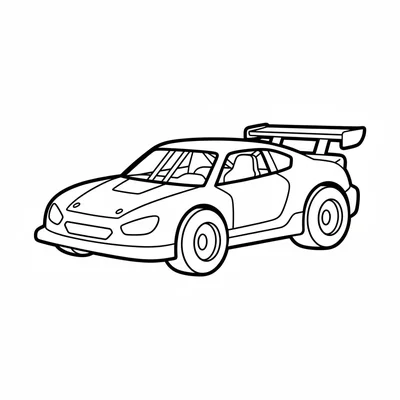 A simple race car with a low wide body, a large spoiler at the back, a roll coloring page