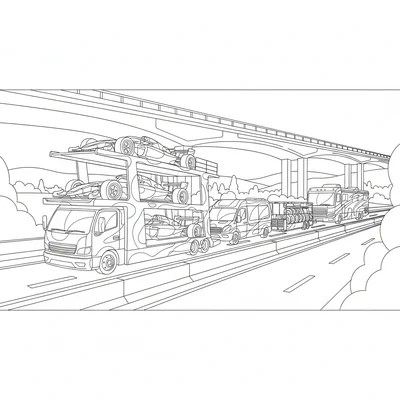A race team transport convoy on a highway, the primary car coloring page