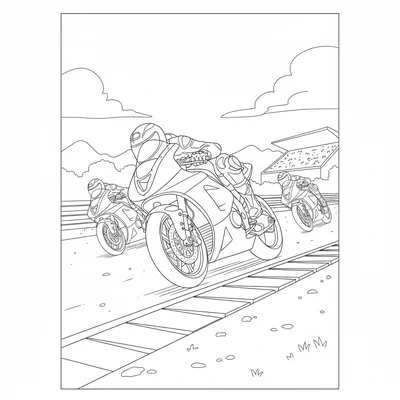 A racing motorcycle leaning deep into a curve on a track, the rider's knee coloring page