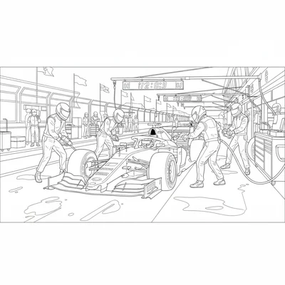 A racing pit lane scene during a Formula race, a car in pit stop position coloring page