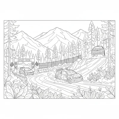 A rally stage in a mountain forest, 3 rally cars at different points coloring page
