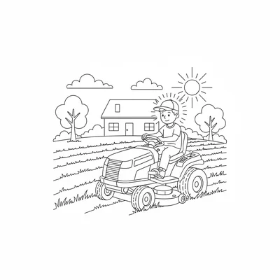 A riding mower at work on a large lawn, cutting strips visible behind it coloring page