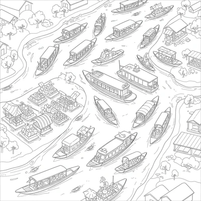 A river delta aerial view with multiple water taxi boats navigating between coloring page