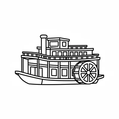 A simple river steamboat with a large paddle wheel visible on one side, a flat coloring page
