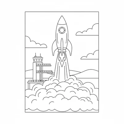 A rocket launching from a launch pad, just lifting off the pad, flame coloring page