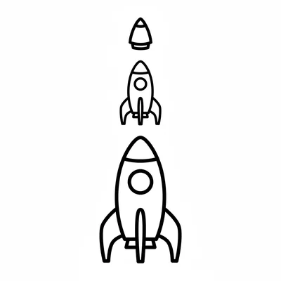 A simple rocket with 3 stages shown in separation, large booster at bottom coloring page
