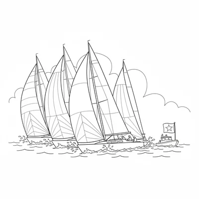 A sailboat in a yacht race, 5 boats clustered at the start line, sails full coloring page
