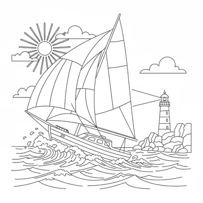 A sailboat on choppy waves, the hull tilted at 20 degrees, sails full of wind coloring page