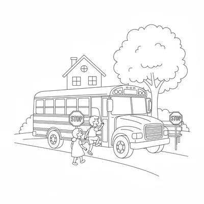 A school bus parked at a bus stop, the door open, children getting on up coloring page