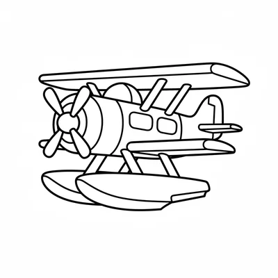 A simple seaplane with a single engine, a float below the fuselage for water coloring page