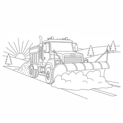 A snowplow truck clearing a snowy road, the wide angled front blade pushing coloring page