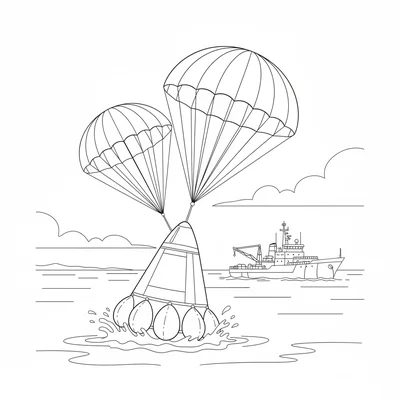 A space capsule splashing down in the ocean, parachutes visible above still coloring page