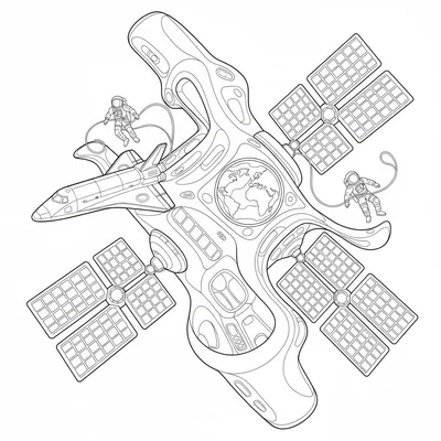 A space station with the shuttle docked at the main module, solar panels spread coloring page
